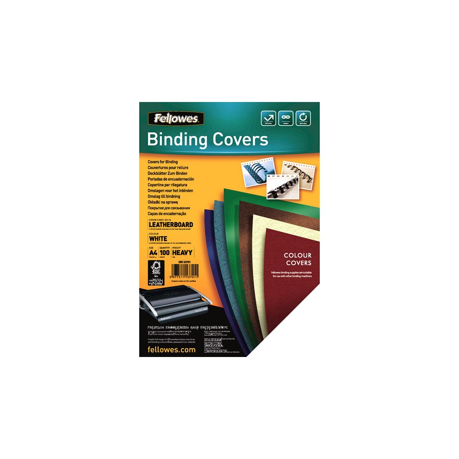 415-PACK 100 PORTADAS SIMIL PIEL A4 250 GR. BLANCO FELLOWES 5370104