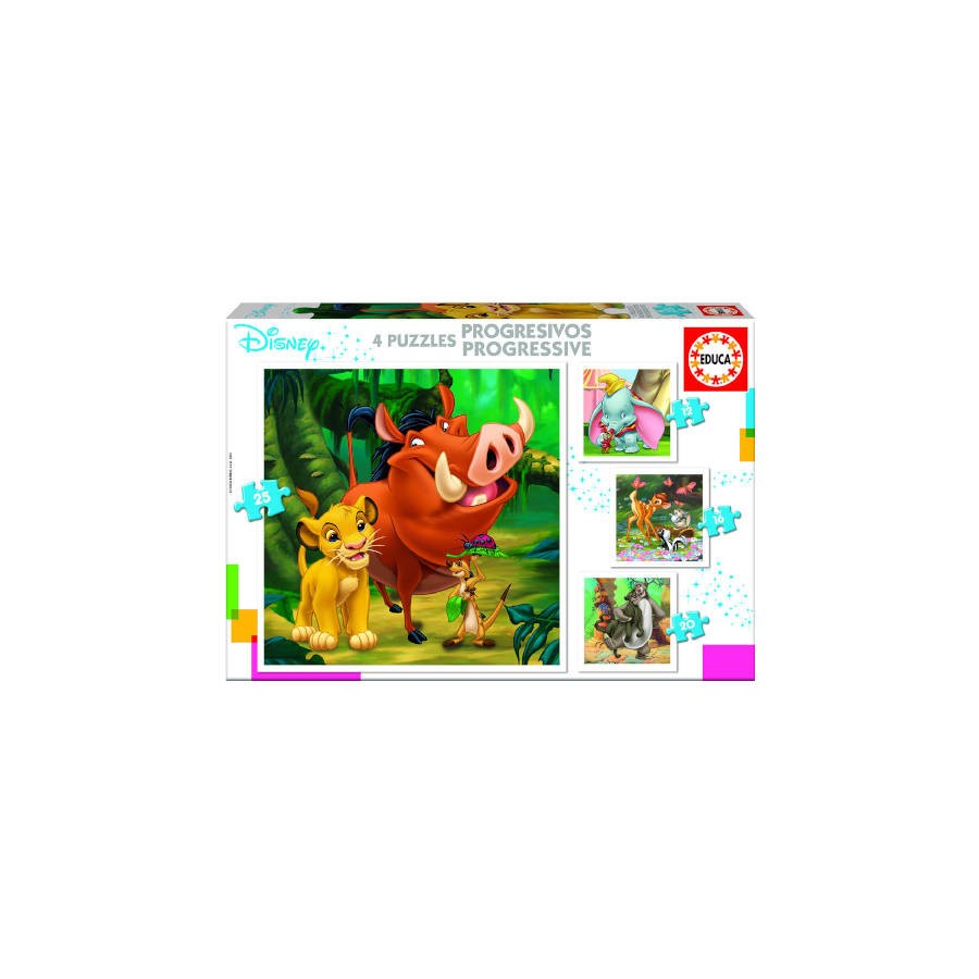 4191-PUZZLE PROGRESIVOS DISNEY ANIMALS DUMBO+BAMBI+LION KING+JUNGLE BOOK DE 3-5 ANOS EDUCA BORRAS 18104