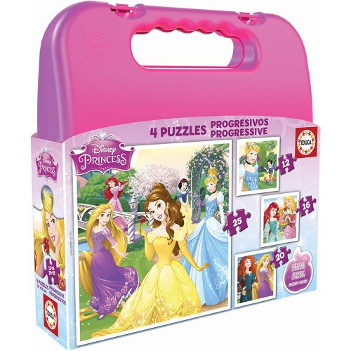 4198-MALETA PUZZLES PROGRESIVOS PRINCESAS DISNEY 12-16-20-25 DE 3-6 ANOS EDUCA BORRAS 16508