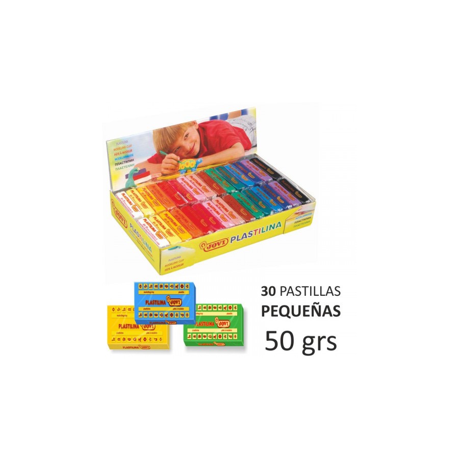 5037-CAJA EXPOSITORA 30 PASTILLAS PLASTILINA 50 G COLORES SURTIDOS (2 UDS X 15 COLORES) JOVI 70S