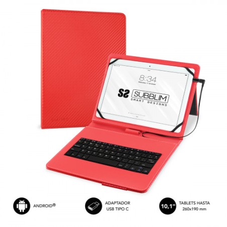 5086-SUBBLIM Funda con Teclado Micro USB - USB C KEYTAB PRO USB 10,1" Red