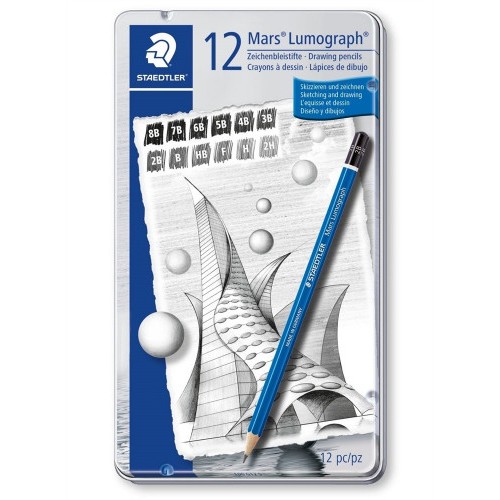 ESTUCHE DE METAL CON 12 LAPICES, GRADUACIONES 8B,  7B,  6B,  5B,  4B,  3B,  2B,  B,  HB,  F,  H,  2H STAEDTLER 100 G12 S