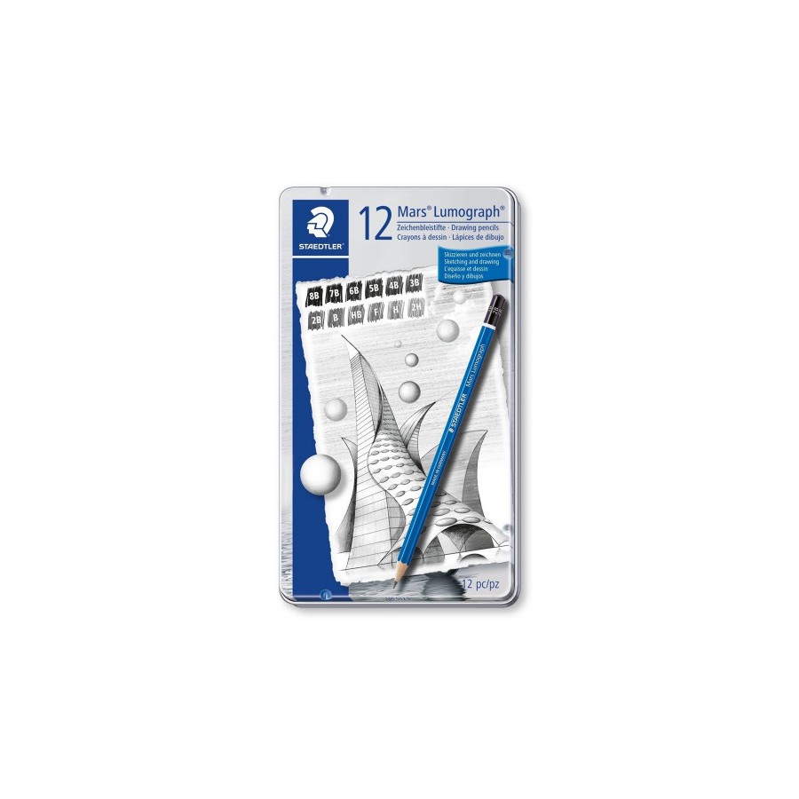 ESTUCHE DE METAL CON 12 LAPICES, GRADUACIONES 8B,  7B,  6B,  5B,  4B,  3B,  2B,  B,  HB,  F,  H,  2H STAEDTLER 100 G12 S