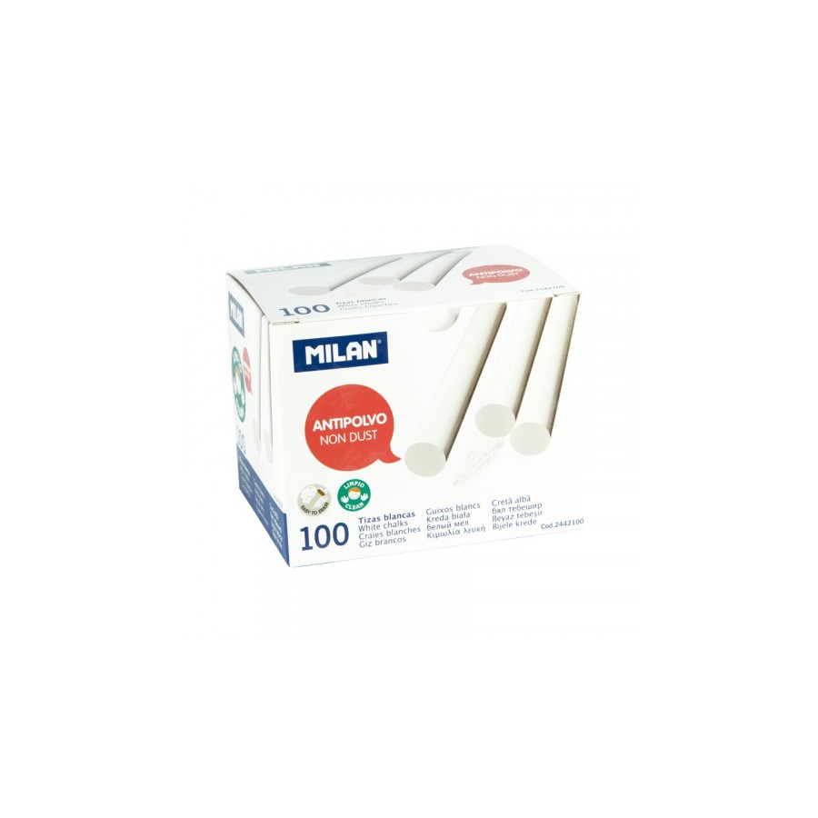 CAJA 100 TIZAS DE CARBONATO DE CALCIO BLANCAS REDONDAS -ANTIPOLVO MILAN 2442100