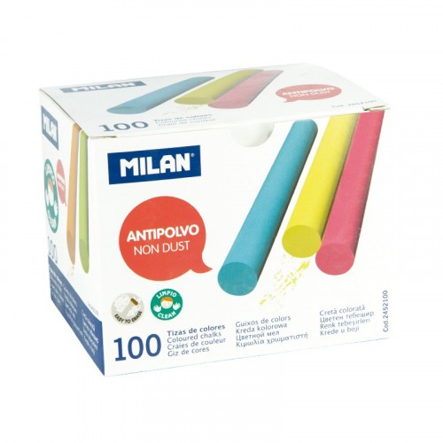 5346-CAJA 100 TIZAS DE CARBONATO DE CALCIO DE COLORES REDONDAS -ANTIPOLVO MILAN 2452100
