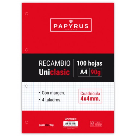 5403-RECAMBIO PAQUETE 100 HOJAS A4 UNICLASIC 90 GR. 4X4 CON MARGEN PAPYRUS 53391000