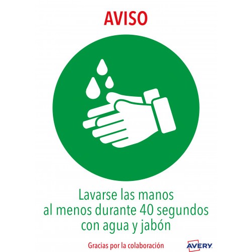 5617-SENALES ADHESIVOS PREIMPRESO  "LAVARSE LAS MANOS" SOBRE DE 2 HOJAS EN A4 AVERY AV_KITCOVID1_ES
