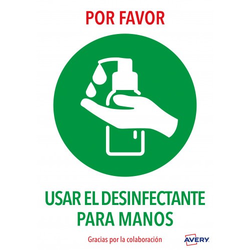 5621-SENALES ADHESIVOS PREIMPRESO  "USAR DESINFECTANTE PARA LAS MANOS" SOBRE DE 2 HOJAS EN A4 AVERY AV_KITCOVID3_ES