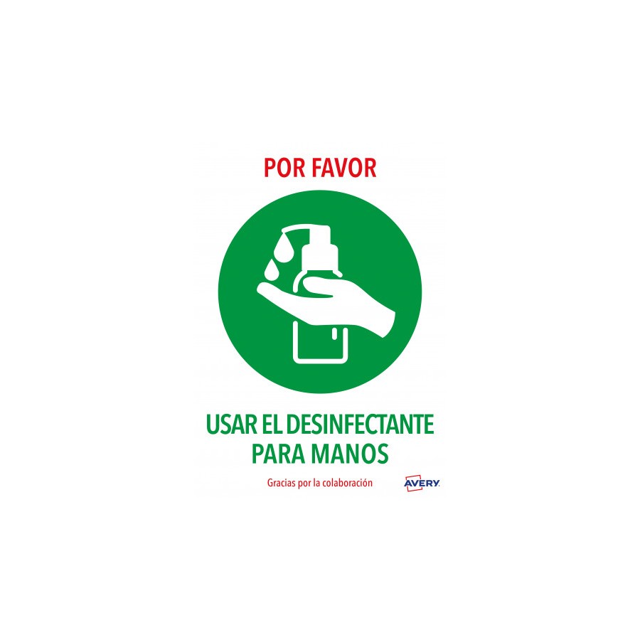 5621-SENALES ADHESIVOS PREIMPRESO  "USAR DESINFECTANTE PARA LAS MANOS" SOBRE DE 2 HOJAS EN A4 AVERY AV_KITCOVID3_ES