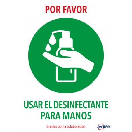 5621-SENALES ADHESIVOS PREIMPRESO  "USAR DESINFECTANTE PARA LAS MANOS" SOBRE DE 2 HOJAS EN A4 AVERY AV_KITCOVID3_ES