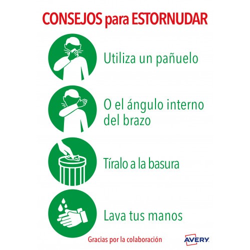 5625-SENALES ADHESIVOS PREIMPRESO  "CONSEJO PARA ESTORNUDAR" SOBRE DE 2 HOJAS EN A4 AVERY AV_KITCOVID5_ES