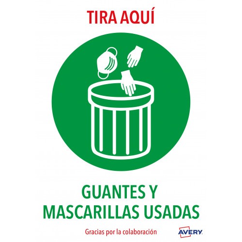 5629-SENALES ADHESIVOS PREIMPRESO  "TIRA AQUI GUANTES Y MASCARILLAS USADAS" SOBRE DE 2 HOJAS EN A4 AVERY AV_KITCOVID7_ES