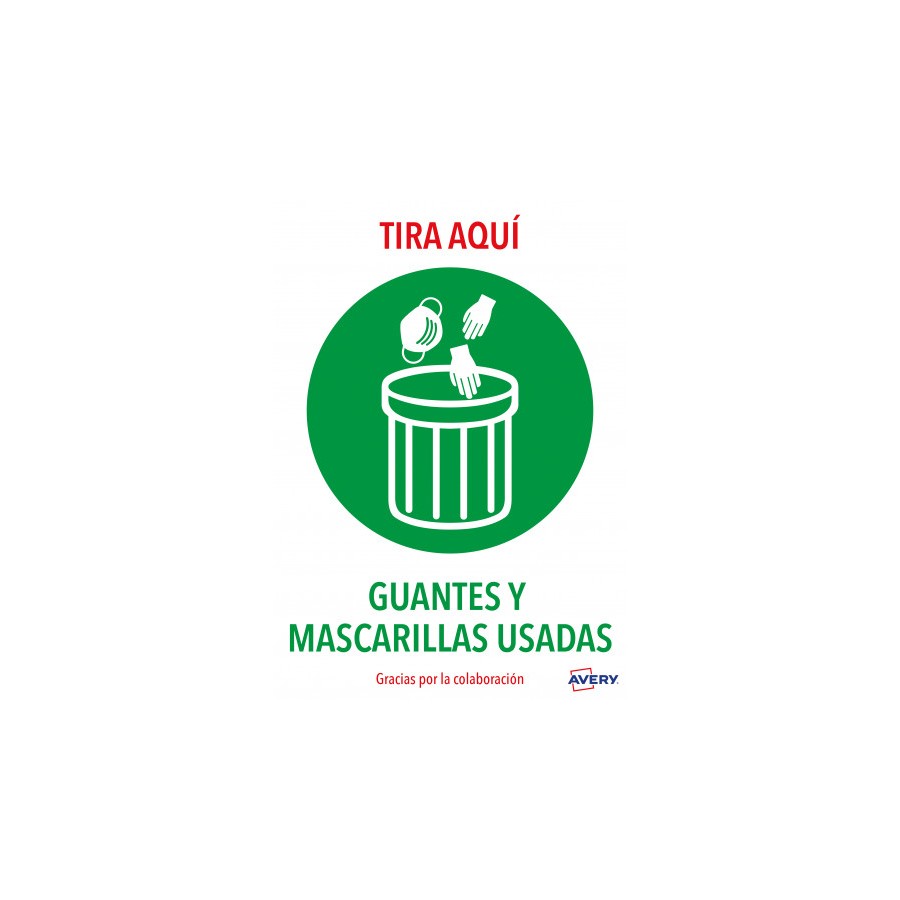 5629-SENALES ADHESIVOS PREIMPRESO  "TIRA AQUI GUANTES Y MASCARILLAS USADAS" SOBRE DE 2 HOJAS EN A4 AVERY AV_KITCOVID7_ES