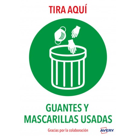 5629-SENALES ADHESIVOS PREIMPRESO  "TIRA AQUI GUANTES Y MASCARILLAS USADAS" SOBRE DE 2 HOJAS EN A4 AVERY AV_KITCOVID7_ES