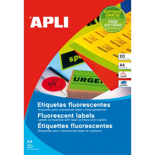 7292-PACK 20 HOJAS (20UD.)ETIQUETAS ROJO FLUORESCENTE PERMANENTES 210,0 X 297,0 MM APLI 2880