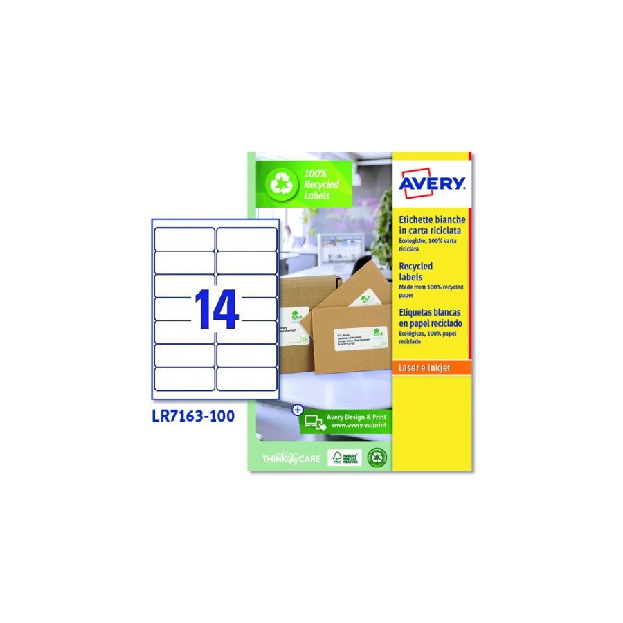 7305-CAJA 100 ETIQUETAS BLANCAS RECICLADAS - QUICKPEEL - IMPRESORAS LASER 99,1X38,1MM - 14 ETIQUETAS POR HOJA AVERY LR71