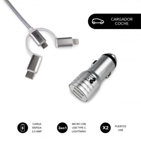 8487-SUBBLIM Cargador Coche 2xUSB Dual Car Charger Alum 2.4A + Cable 3 in 1 Silver