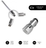 8487-SUBBLIM Cargador Coche 2xUSB Dual Car Charger Alum 2.4A + Cable 3 in 1 Silver