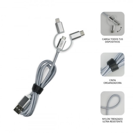 8488-SUBBLIM Cargador Coche 2xUSB Dual Car Charger Alum 2.4A + Cable 3 in 1 Silver