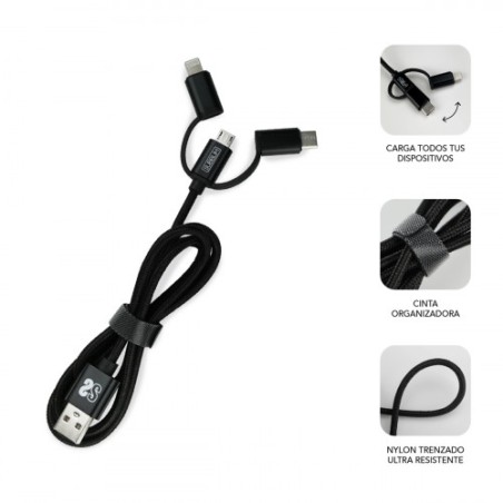 SUBBLIM Cargador Coche 2xUSB Dual Car Charger Alum 2.4A + Cable 3 in 1 Black
