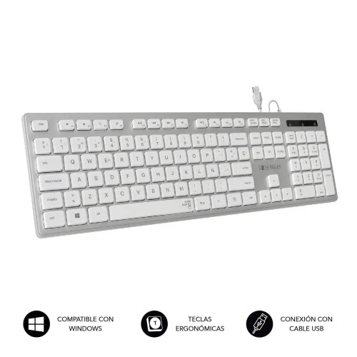 SUBBLIM Teclado Ergonomico con cable USB Plano Silencioso Plateado/Blanco Ergo