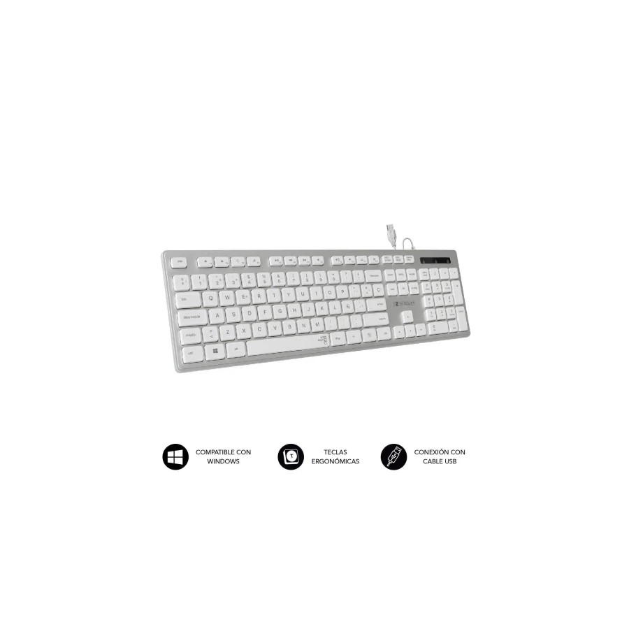 SUBBLIM Teclado Ergonomico con cable USB Plano Silencioso Plateado/Blanco Ergo