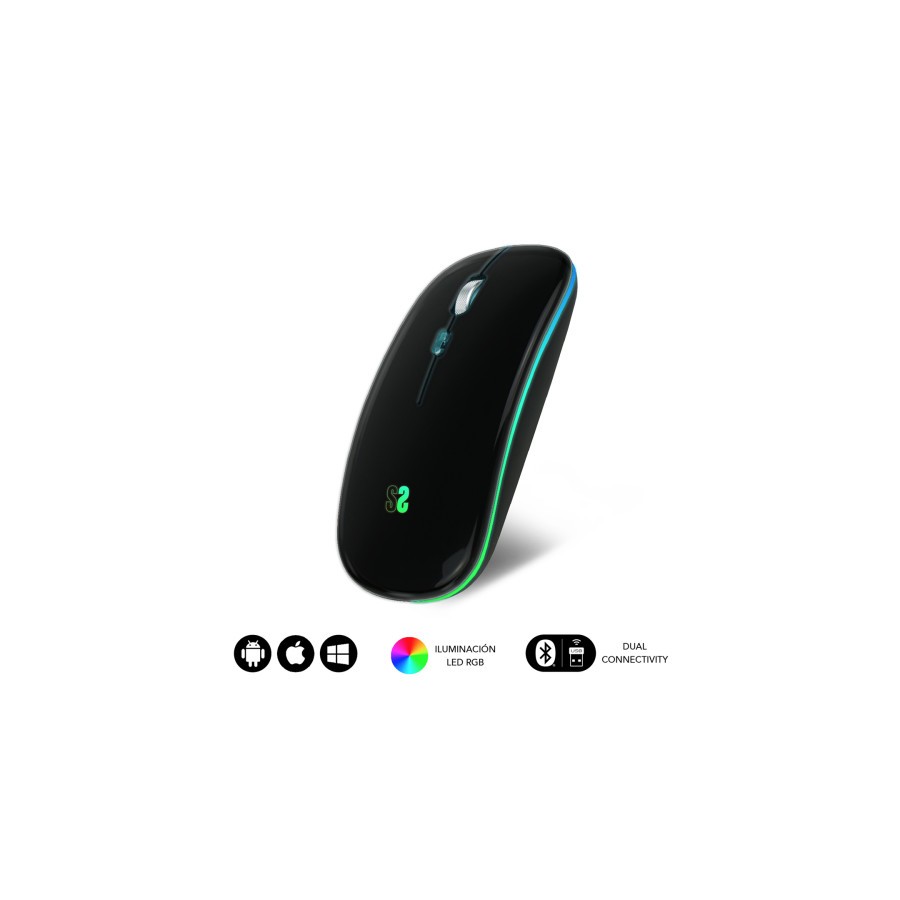 9889-RATON OPTICO INALAMBRICO 2.4G Y BT RGB LED DUAL FLAT MOUSE BLACK